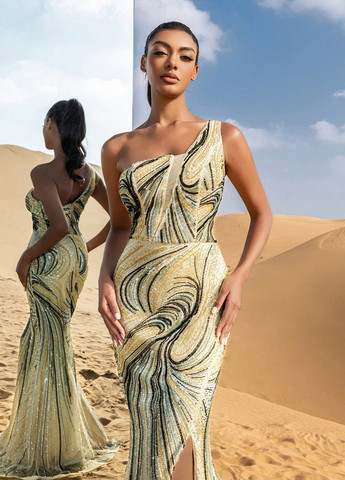 Кремова вечірня сукня силуетна, годе, зі шлейфом, на одне плече SHEIN з абстрактним візерунком