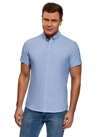 Синяя кэжуал рубашка в горошек Oodji с коротким рукавом