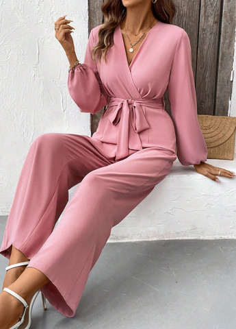 Комбінезон SHEIN комбінезон-брюки однотонний світло-рожевий кежуал, діловий поліестер