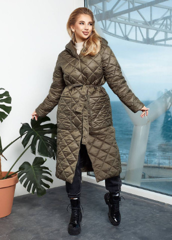 Оливковая (хаки) зимняя длинная теплая куртка Hand Made