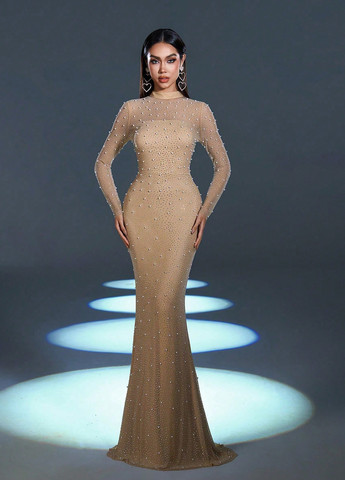 Кремова вечірня сукня годе SHEIN однотонна