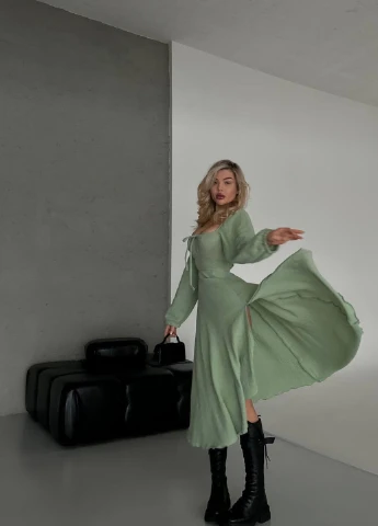 Оливковое кэжуал платье клеш Fashion однотонное