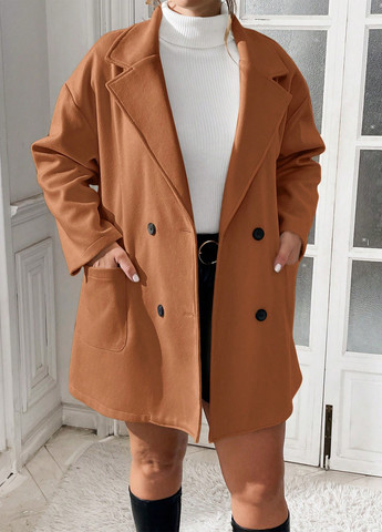 Светло-коричневое демисезонное Пальто двубортное SHEIN