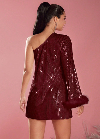 Бордова вечірня сукня на одне плече SHEIN однотонна