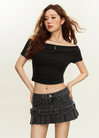 Серая джинсовая, кэжуал однотонная юбка SHEIN а-силуэта (трапеция)