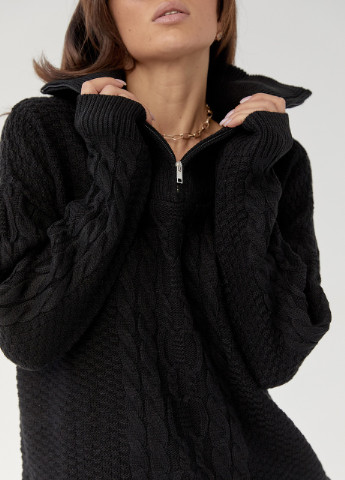 Черный зимний вязаный свитер с косами и молнией на воротнике No Brand