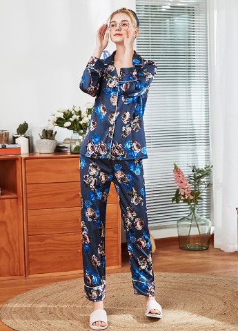 Синяя всесезон пижама женская сапфир рубашка + брюки Berni Fashion 54195