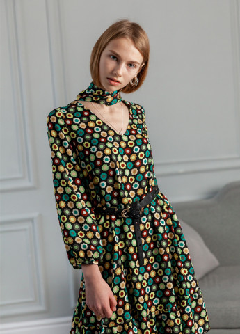 Комбинированное кэжуал платье а-силуэт MaCo exclusive с цветочным принтом