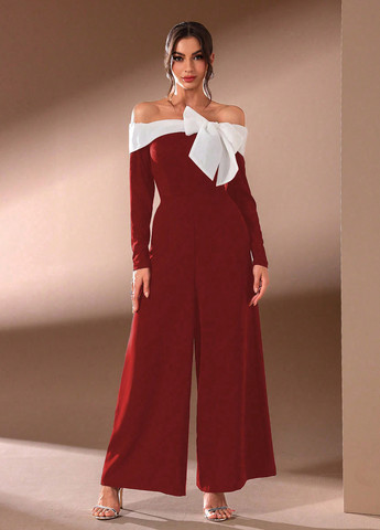 Комбинезон SHEIN комбинезон-брюки колор блок бордовый кэжуал полиэстер