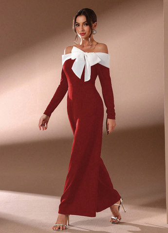 Комбинезон SHEIN комбинезон-брюки колор блок бордовый кэжуал полиэстер