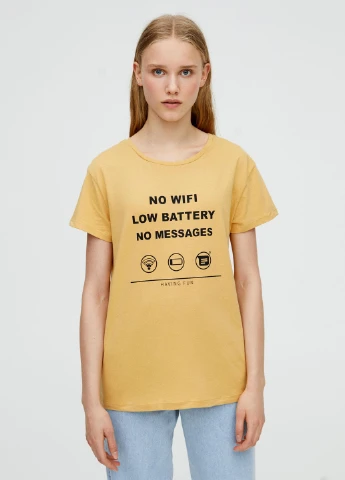 Футболка,блідо-жовтий з принтом, Pull & Bear - (254655802)