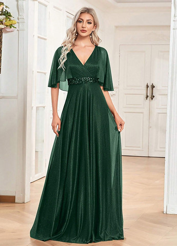 Темно-зеленое вечернее платье на запах, клеш SHEIN однотонное