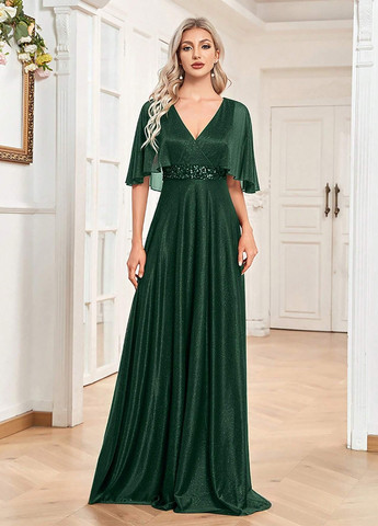 Темно-зеленое вечернее платье на запах, клеш SHEIN однотонное