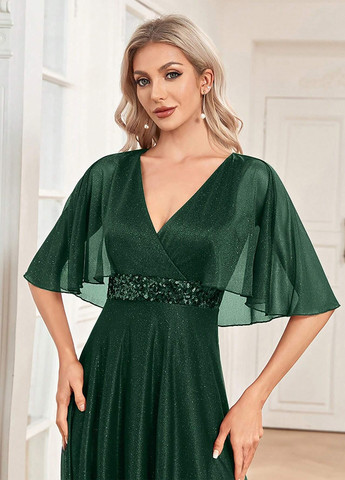 Темно-зеленое вечернее платье на запах, клеш SHEIN однотонное