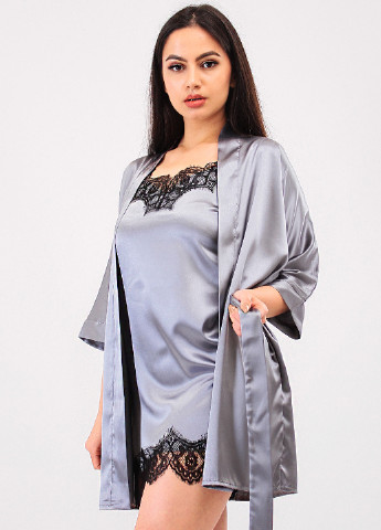 Сіро-голубий демісезонний комплект (нічна сорочка, халат) Ghazel