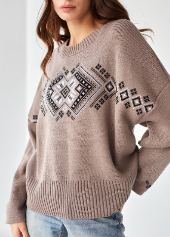 Джемпер oversize Этно капучино с черным+белым MEREZHKA (254774528)