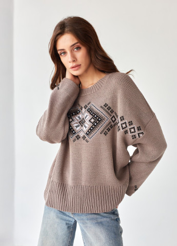 Джемпер oversize Этно капучино с черным+белым MEREZHKA (254774528)