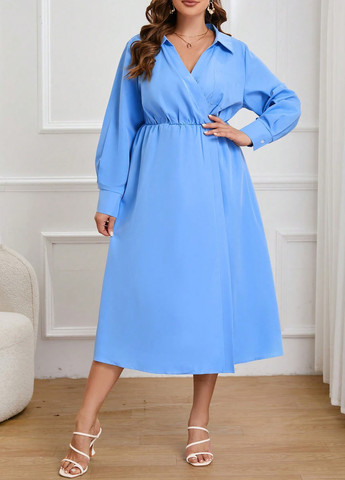 Голубое кэжуал, деловое платье рубашка, а-силуэт SHEIN однотонное