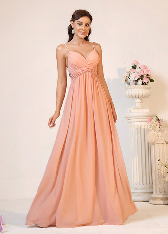 Персиковое вечернее, праздничный платье в греческом стиле, с открытой спиной, с открытыми плечами SHEIN однотонное