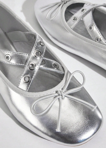 Жіночі балетки SHEIN | срібні однотонні люверси, бант поліуретан, штучна шкіра (331821216)