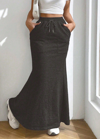 Черная кэжуал меланж юбка SHEIN а-силуэта (трапеция)