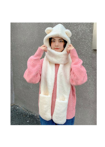 Wuke ведмедик 3в1 унісекс з вушками капюшон рукавиці з кишенями one size Білий Brend Шапка шарф (254847303)