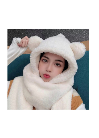 Wuke ведмедик 3в1 унісекс з вушками капюшон рукавиці з кишенями one size Білий Brend Шапка шарф (254847303)