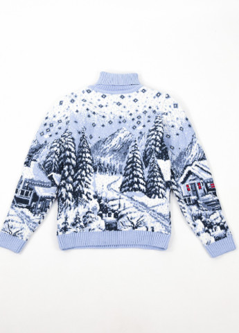 Блакитний зимовий светр для дівчинки зимовий синій принт з будиночками Pulltonic Прямая