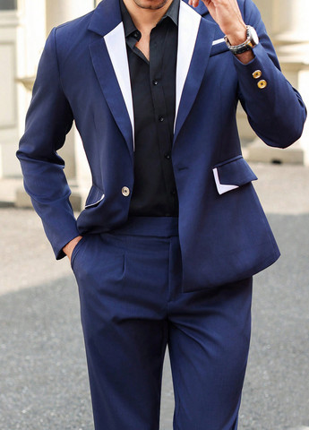 Темно-синий демисезонный костюм (пиджак, брюки) брючный SHEIN