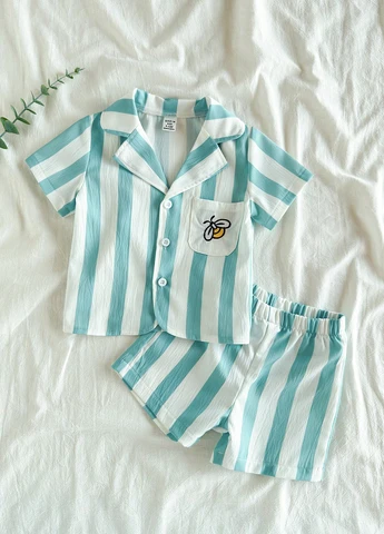 Блакитний літній костюм (сорочка, шорти) з сорочкою, з шортами SHEIN