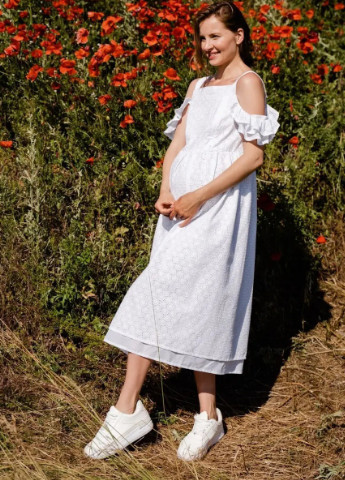 Белое кэжуал белое платье для беременных и кормящих мам с секретом для кормления хлопковое To Be однотонное