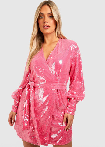 Кислотно-розовое коктейльное платье на запах Boohoo однотонное