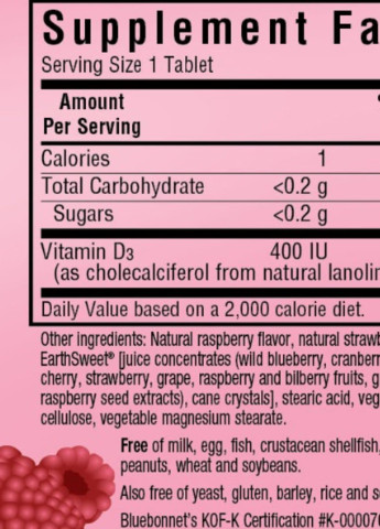 Витамин D3 400IU, Вкус Малины, Earth Sweet Chewables,, 90 жевательных таблеток Bluebonnet Nutrition (228293275)