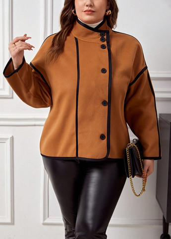 Світло-коричневе Кежуал напівпальто однобортне SHEIN однотонне