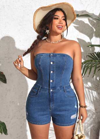Комбінезон SHEIN комбінезон-шорти варенка синій джинсовий, кежуал бавовна, джинс