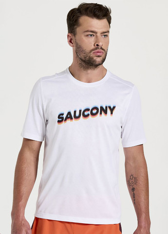 Біла футболка Saucony STOPWATCH GRAPHIC SHORT SLEEVE
