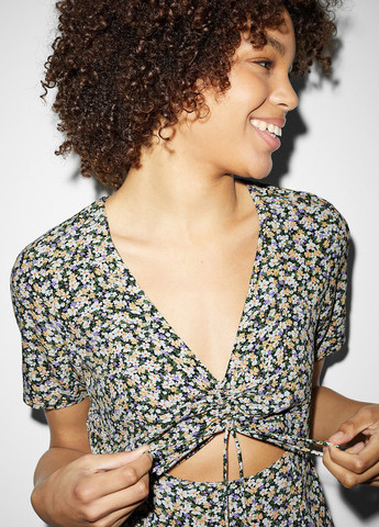 Черное кэжуал платье клеш C&A с цветочным принтом