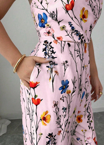 Комбінезон SHEIN комбінезон-брюки квітковий світло-рожевий кежуал поліестер