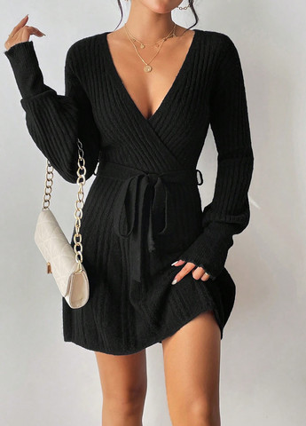 Черное кэжуал платье платье-свитер, а-силуэт SHEIN однотонное