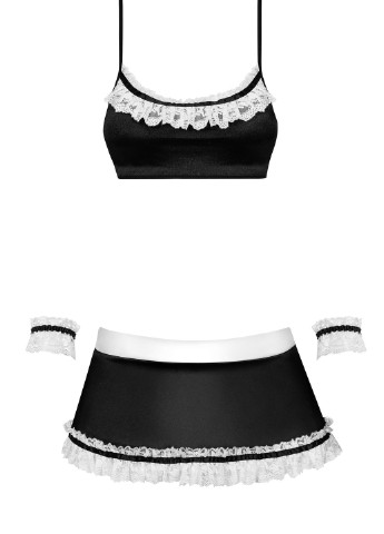Белый демисезонный эротический игровой костюм (топ, юбка, стринги, кружевные манжеты и ободок) Obsessive