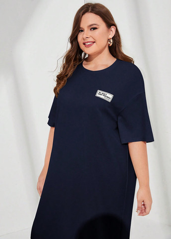Темно-синее кэжуал платье платье-футболка, а-силуэт SHEIN с надписью