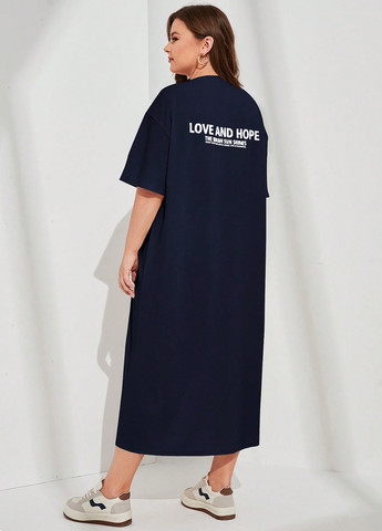 Темно-синее кэжуал платье платье-футболка, а-силуэт SHEIN с надписью