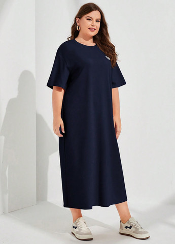 Темно-синее кэжуал платье платье-футболка, а-силуэт SHEIN с надписью