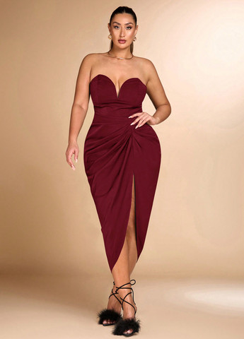 Бордова вечірня сукня з відкритими плечима SHEIN однотонна