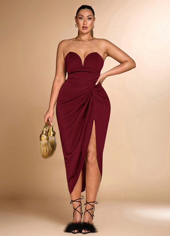 Бордова вечірня сукня з відкритими плечима SHEIN однотонна