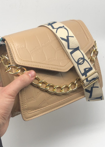 Женская классическая сумочка рептилия через плечо на широком ремешке с цепочкой кофейная бежевая NoName (251204346)