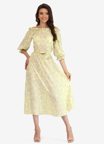 Светло-желтое кэжуал платье с открытыми плечами, клеш Lila Kass с цветочным принтом