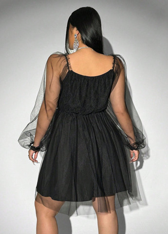 Черное коктейльное платье с юбкой-солнце, бэби долл SHEIN однотонное