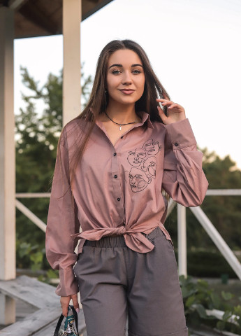 Бежевая демисезонная рубашка классическая с трендовой вышивкой INNOE Блуза с вышивкой