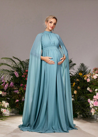Блакитна вечірня плаття для вагітних з спідницею-сонце, сукня-кейп, в стилі армпір SHEIN однотонна